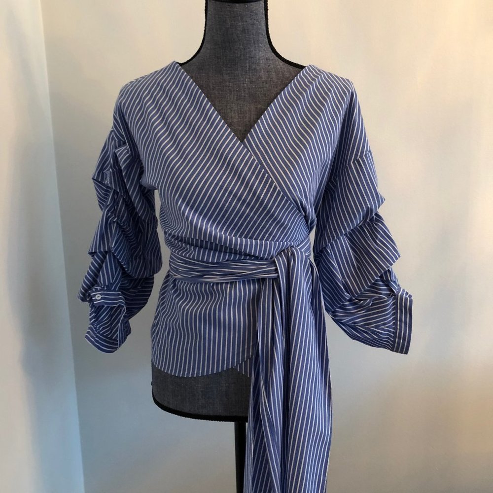 Zara Blue & White Striped Wrap Cotton Top XS - TAGS ON